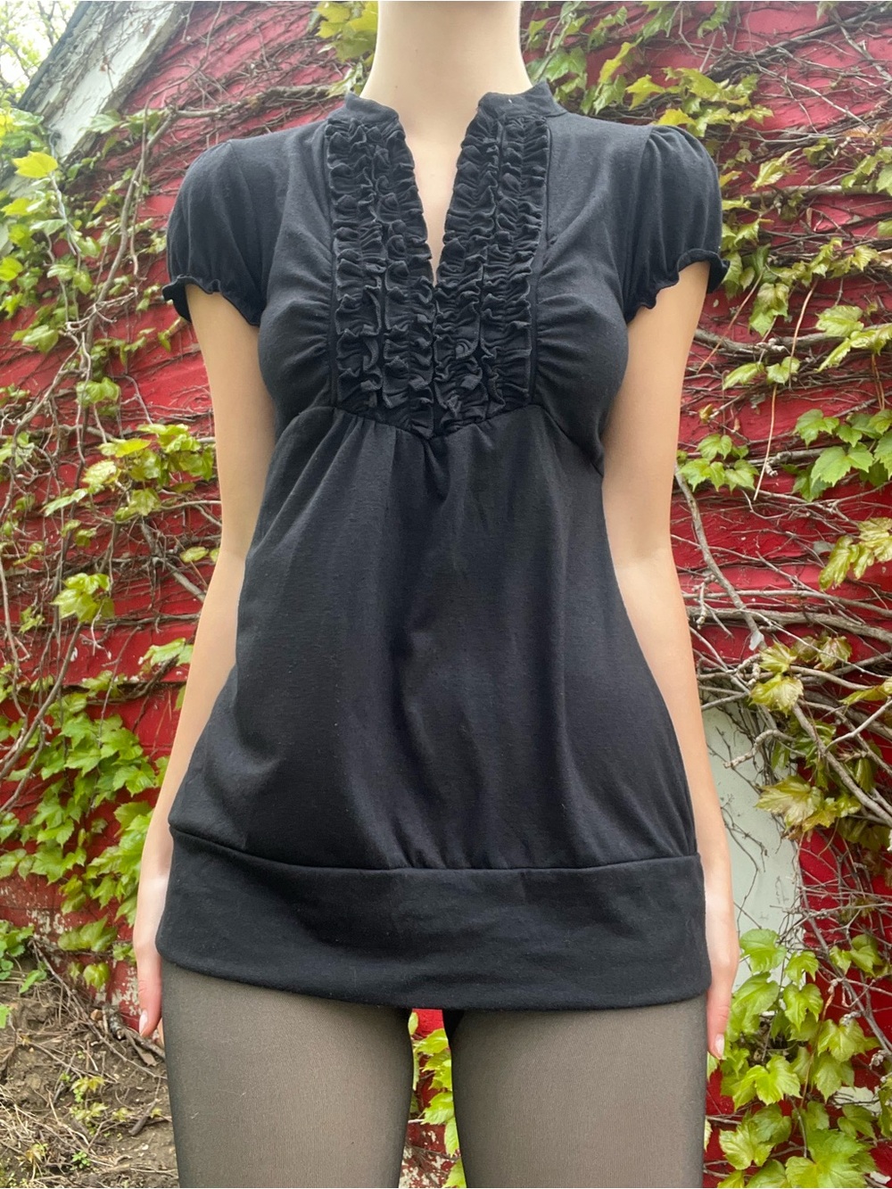 Maurices Black Ruffled V-Neck Short Sleeve Top